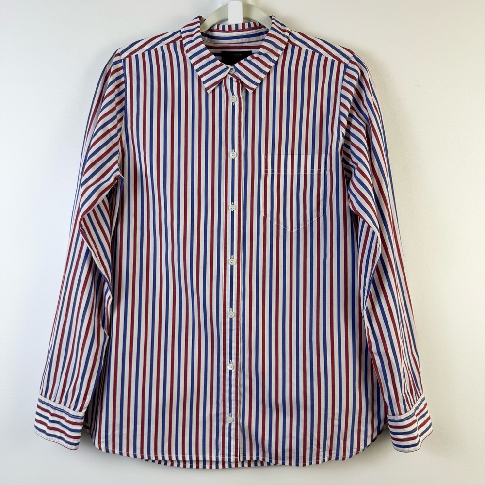 J. Crew Stripe Boy Button Up Down Front Shirt Blue Red Trifecta 10 Classic - Picture 15 of 15